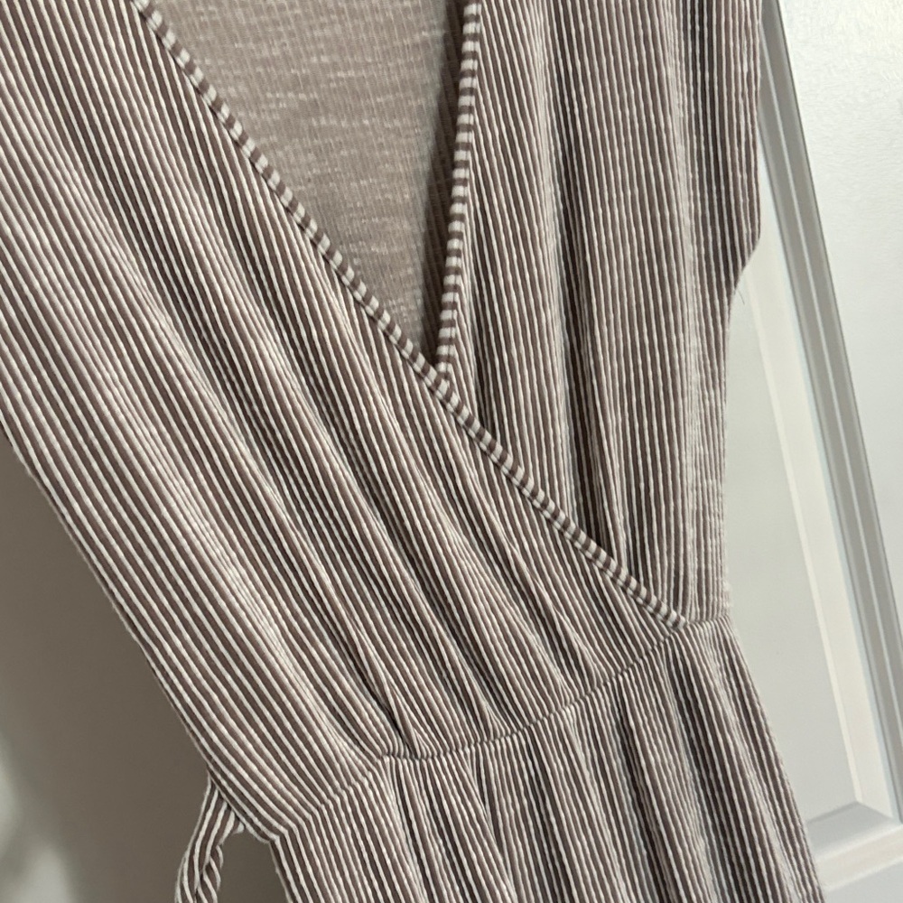 Caution To The Wind V-Neck Striped Midi Dress in Cream and Gray - Picture 4 of 7